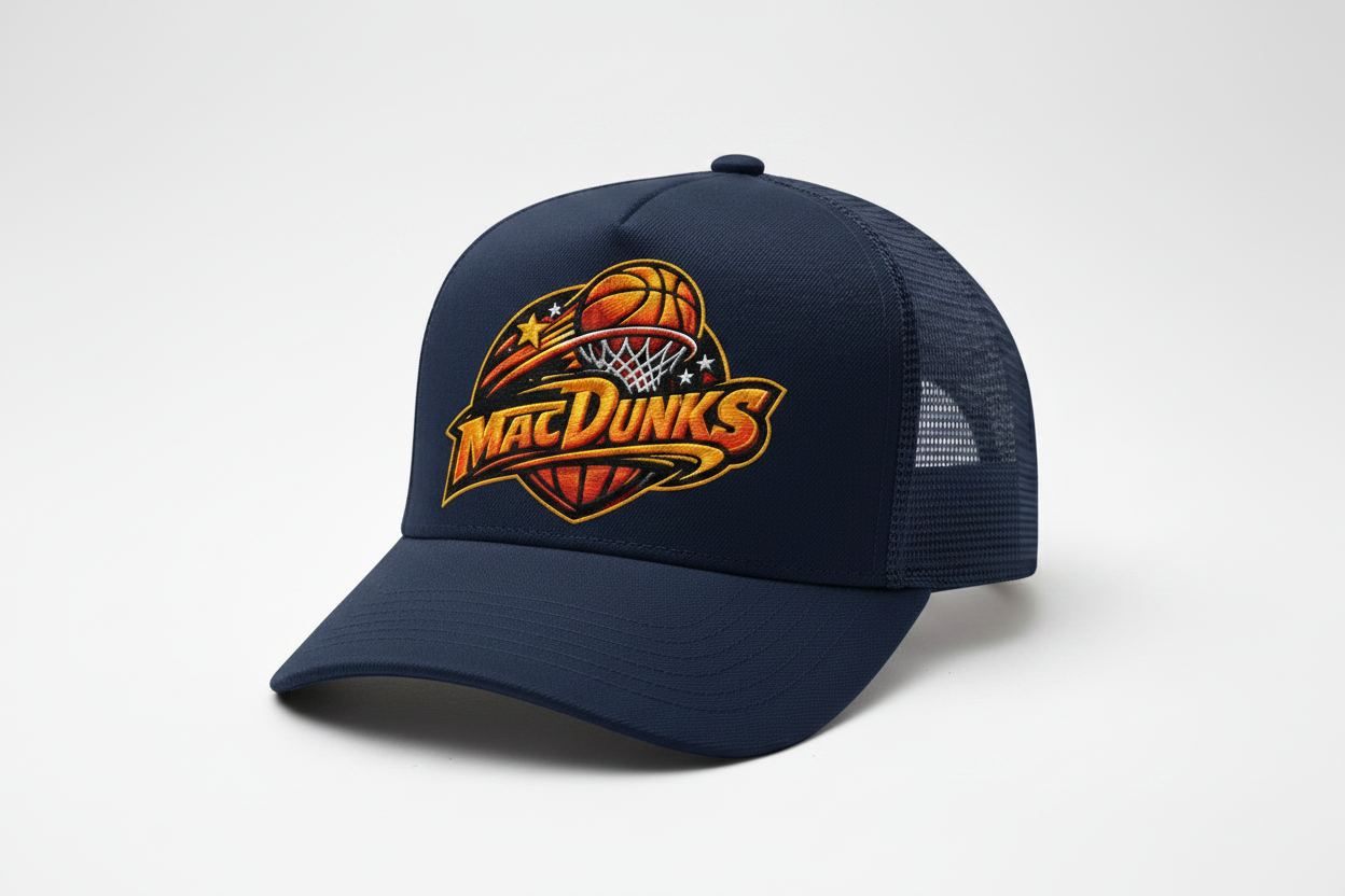 MacdDunks Navy Trucker Cap on white background